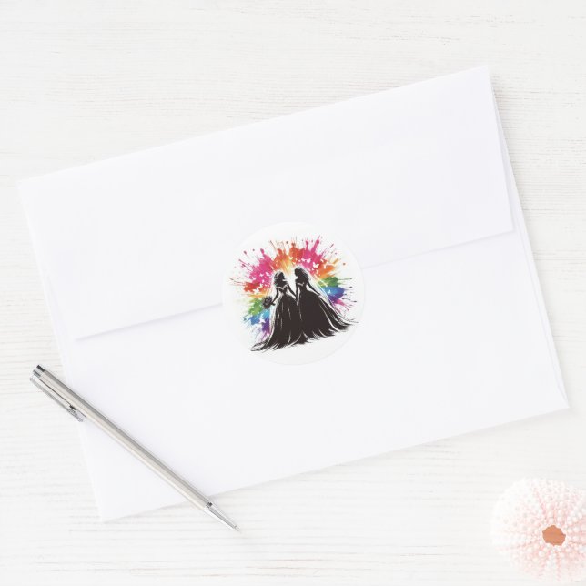 Rainbow Burst Brides Classic Round Sticker (Envelope)