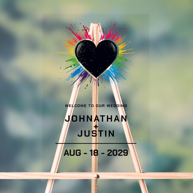 Rainbow Burst Heart Wedding Welcome Acrylic Sign (Neutral)