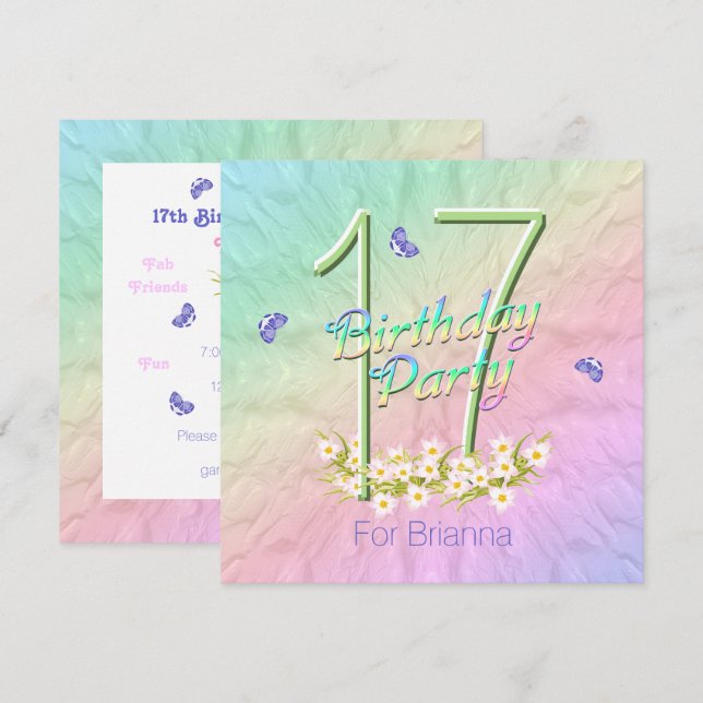 Rainbow Butterflies 17th Birthday Party Invitation (Front/Back)