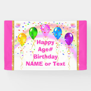 Rainbow, Butterflies and Balloons, Pink Birthday Banner
