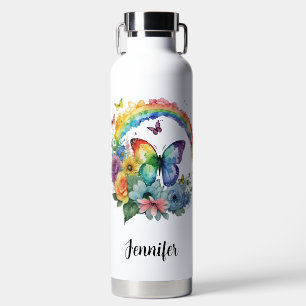 Rainbow butterflies and flowers water bottle