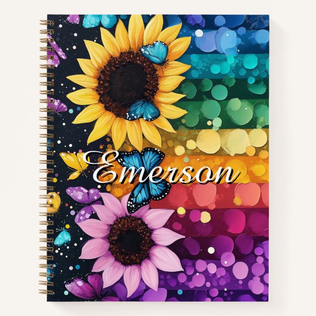 Rainbow Butterflies and Sunflowers Graph Notebook (Front)