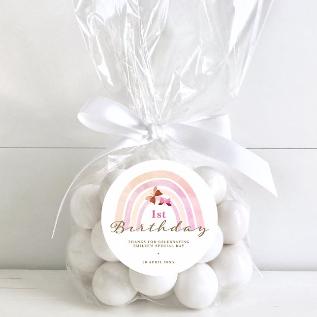 Rainbow Butterflies Birthday Pastel Pink Thank You Classic Round Sticker (Creator Uploaded)