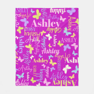 Rainbow butterflies custom name Ashley purple Fleece Blanket