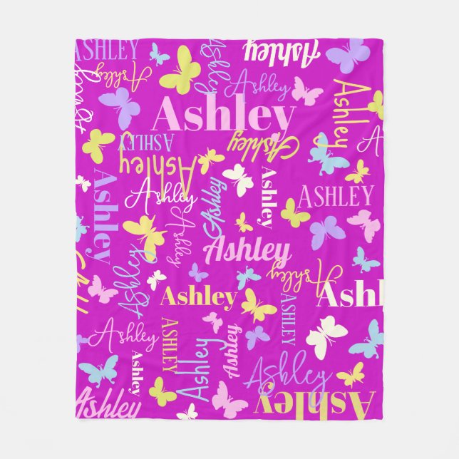 Rainbow butterflies custom name Ashley purple Fleece Blanket (Front)