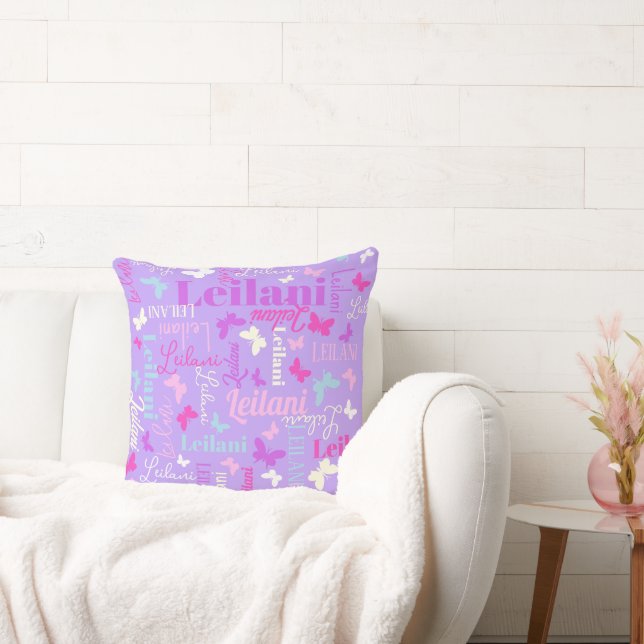 Rainbow butterflies custom name purple Leilani Cushion (Couch)