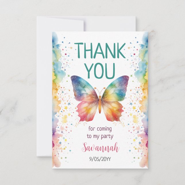 Rainbow Butterfly 1st Birthday Thank You Card (Front)
