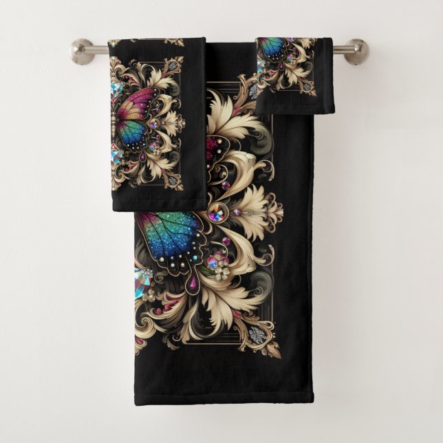 Rainbow Butterfly Art Deco Art Nouveau Bath Towel Set (Insitu)