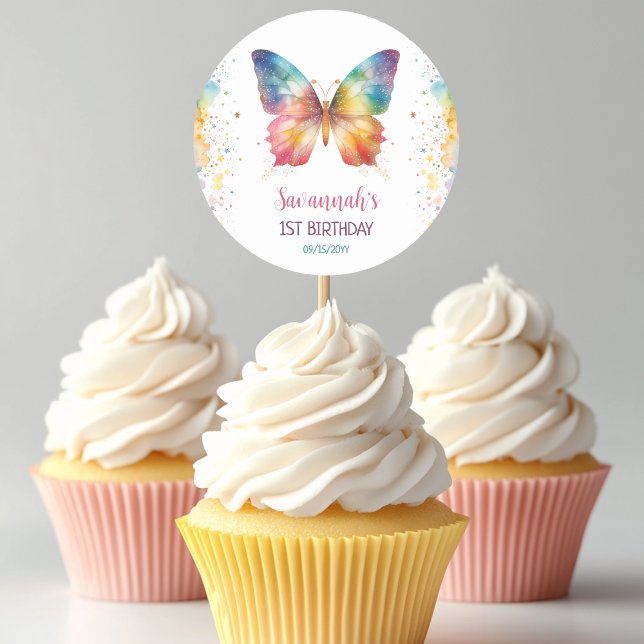 Rainbow Butterfly Birthday Classic Round Sticker (Creator Uploaded)