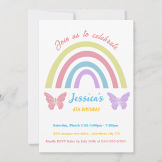 Rainbow & butterfly Birthday for Girls editable In Invitation