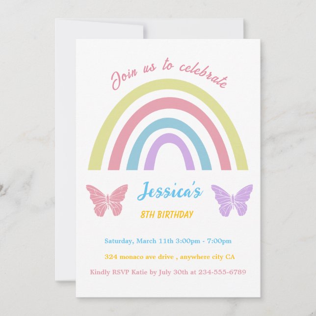 Rainbow & butterfly Birthday for Girls editable Invitation (Front)