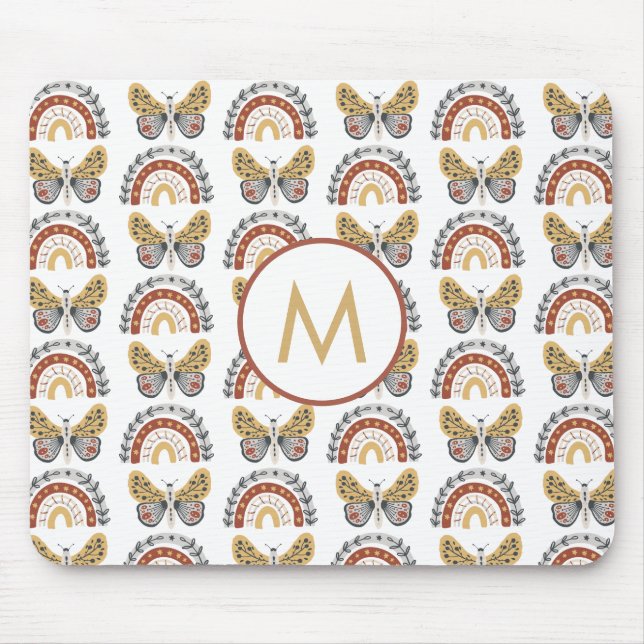 Rainbow Butterfly Boho Pattern Monogram Mouse Mat (Front)