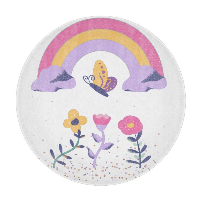 Rainbow Butterfly Cloud Flowers Cutting Board (Front)