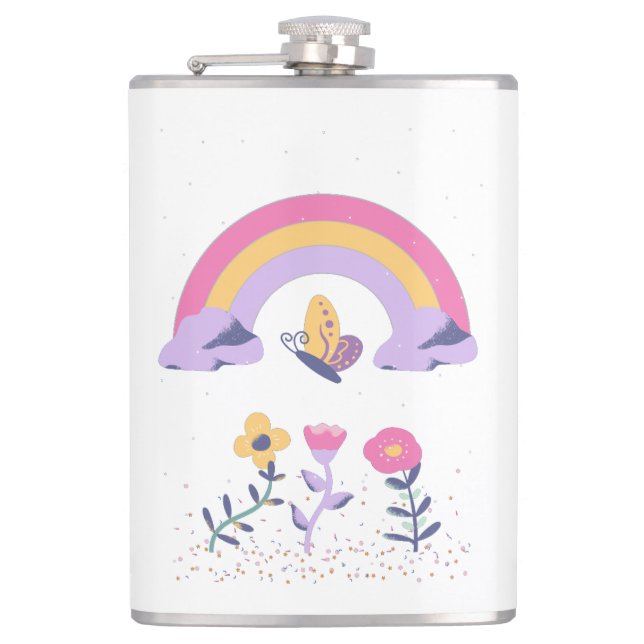 Rainbow Butterfly Cloud Flowers Hip Flask (Front)