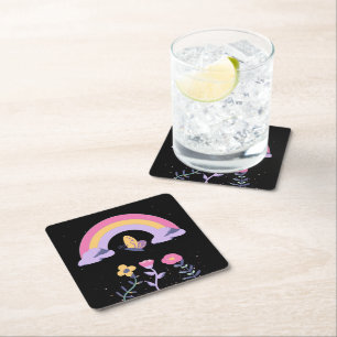 Rainbow Butterfly Cloud Flowers Square Paper Coaster