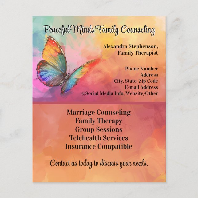 Rainbow Butterfly Counseling Therapy Psychotherapy Flyer (Front)