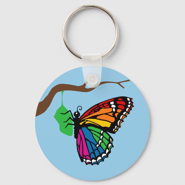 Rainbow Butterfly Emerging From Chrysalis Key Ring (Front)