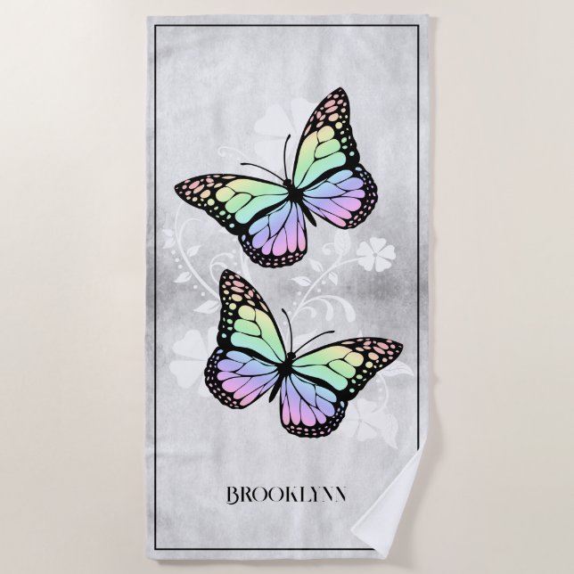 Rainbow Butterfly Floral Beach Towel (Front)