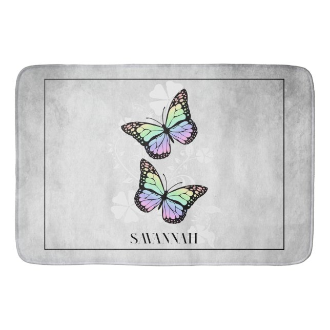 Rainbow Butterfly Floral Personalised Bath Mat (Front)