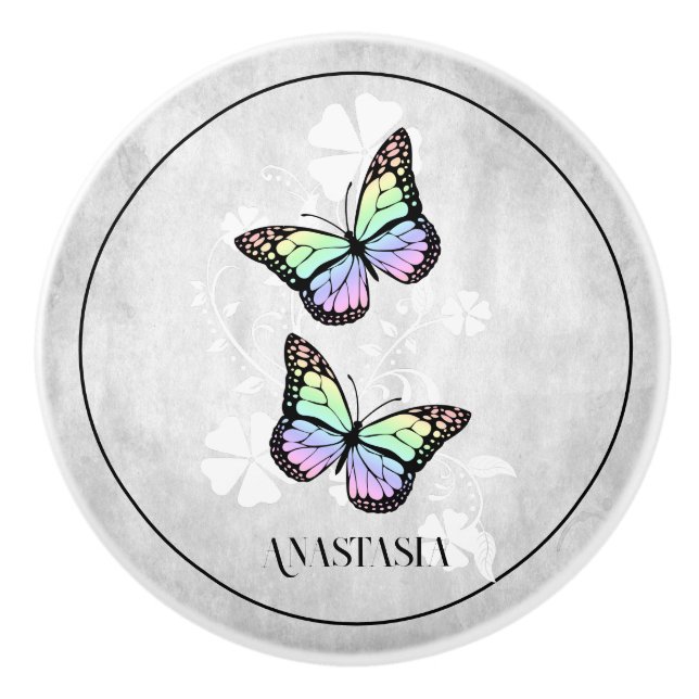 Rainbow Butterfly Floral Personalised Ceramic Knob (Front)
