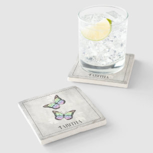 Rainbow Butterfly Floral Personalised Stone Coaster
