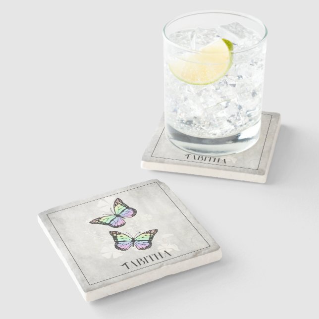 Rainbow Butterfly Floral Personalised Stone Coaster (Side)
