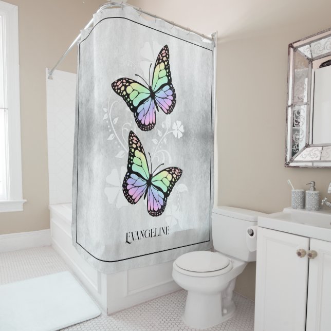 Rainbow Butterfly Floral Shower Curtain (In Situ)