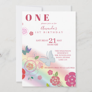 Rainbow Butterfly Flowers 1st Birthday  Invitation