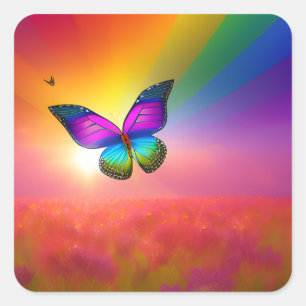 Rainbow Butterfly Flying in a Field Square Sticker