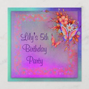 Rainbow Butterfly Girls 5th Birthday Party Invitation