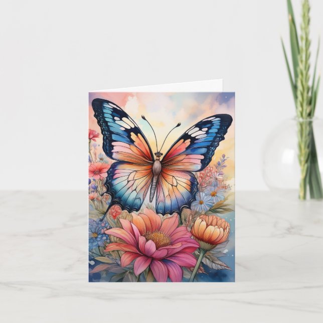 Rainbow Butterfly in a Flower Garden Blank Note Card (Front)