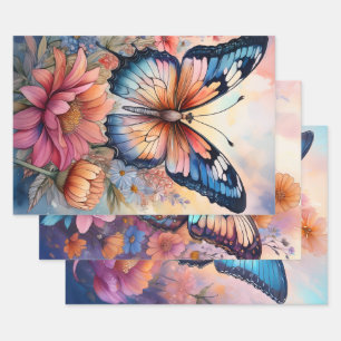 Rainbow Butterfly in a Flower Garden Nature Wrapping Paper Sheet