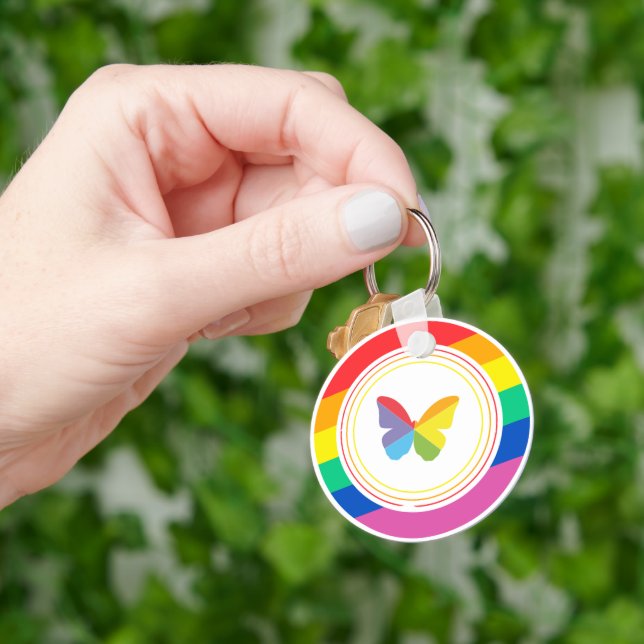 Rainbow Butterfly LGBTQ+ Pride Button Key Ring (Hand)