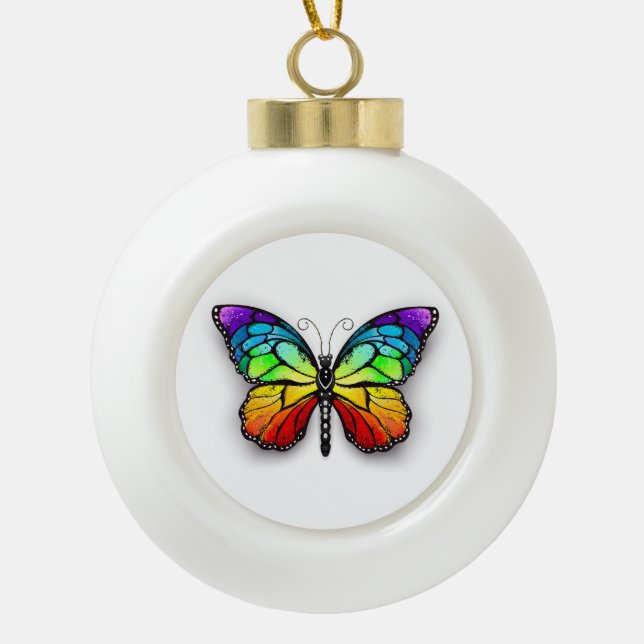 Rainbow butterfly Monarch Ceramic Ball Christmas Ornament (Front)