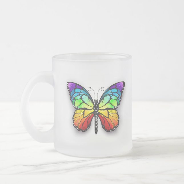 Rainbow butterfly Monarch Frosted Glass Coffee Mug (Left)
