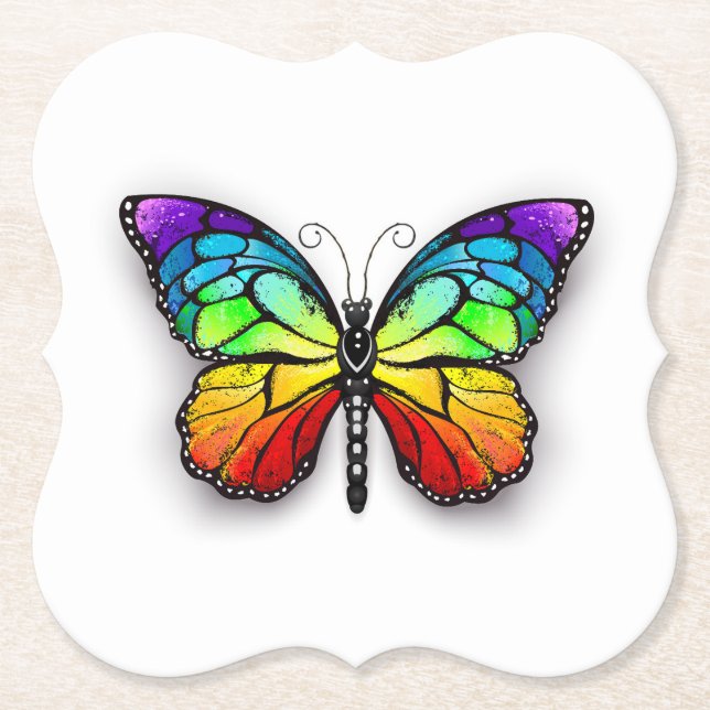 Rainbow butterfly Monarch Paper Coaster (Front)
