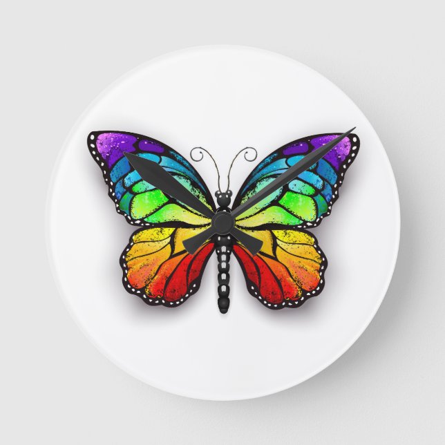 Rainbow butterfly Monarch Round Clock (Front)