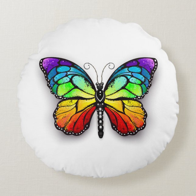 Rainbow butterfly Monarch Round Cushion (Front)