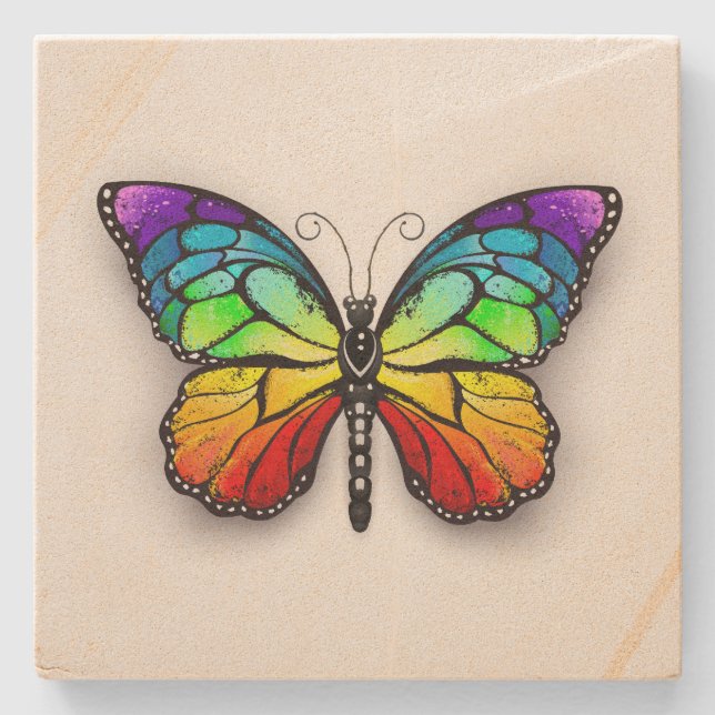 Rainbow butterfly Monarch Stone Coaster (Front)