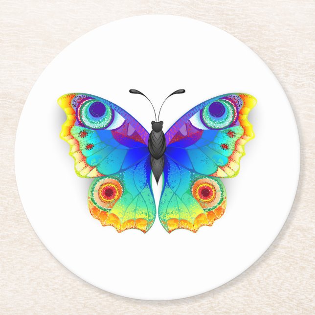 Rainbow Butterfly Peacock Eye Round Paper Coaster (Front)