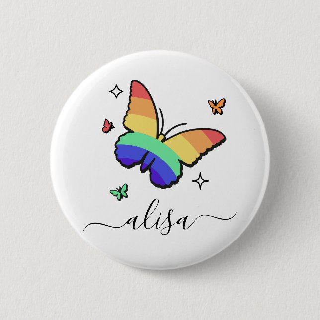 Rainbow Butterfly Personalised Calligraphy Name  6 Cm Round Badge (Front)