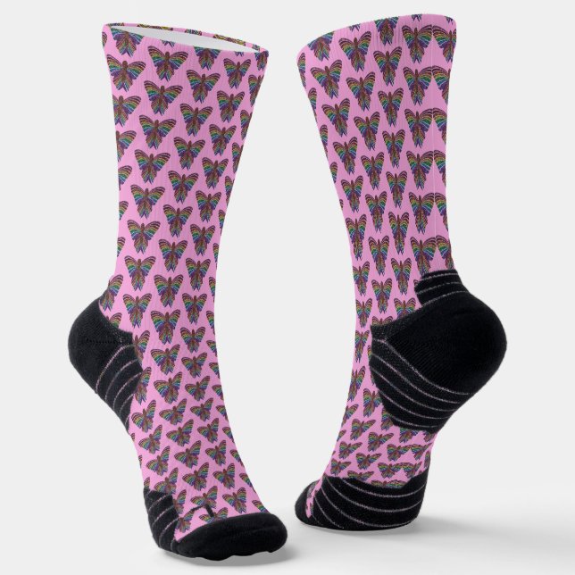 Rainbow Butterfly (pink) - Athletic Socks (Angled)