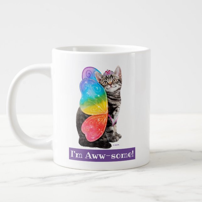 Rainbow Butterfly Princess Kitten Large Coffee Mug (Left)