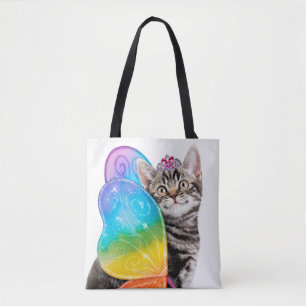 Rainbow Butterfly Princess Kitten Tote Bag