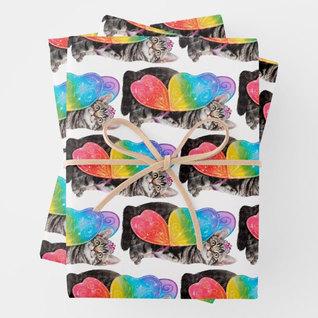 Rainbow Butterfly Princess Kitten Wrapping Paper Sheet (In situ)
