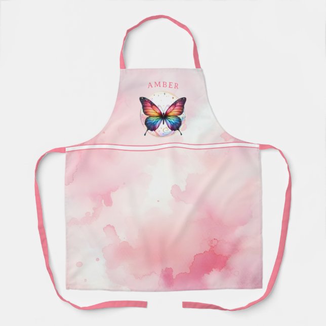 Rainbow Butterfly Watercolor Pink Customised Apron (Front)