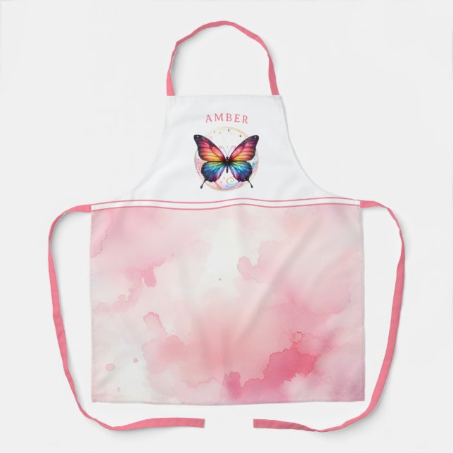 Rainbow Butterfly Watercolor Pink Customised Apron (Front)