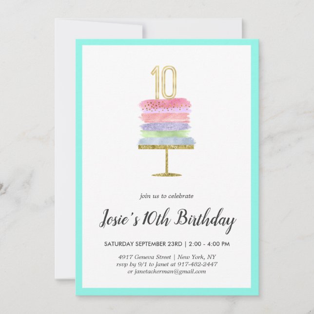 Rainbow Cake | 10th Birthday Invitation (Front)