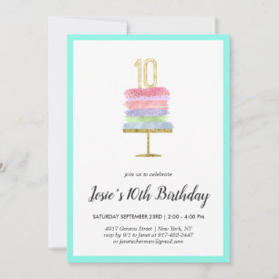 Rainbow Cake   10th Birthday Invitation