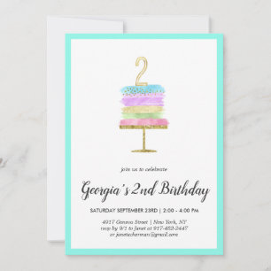 Rainbow Cake   2nd Birthday Invitation